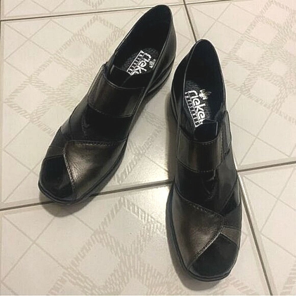 Minimalist Chic RIEKER Leather Loafers Black Orthopedic Comfort Shoes US 10